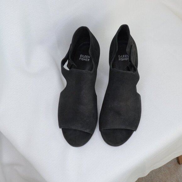 Eileen Fisher Iris Black Suede Cut Out Wedge Heels Sz 7 - Picture 6 of 10